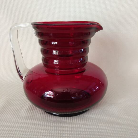 Vintage Ribbed Ruby Red Glass Pitcher w/ Clear Ribbed Handle - Picture 1 of 16